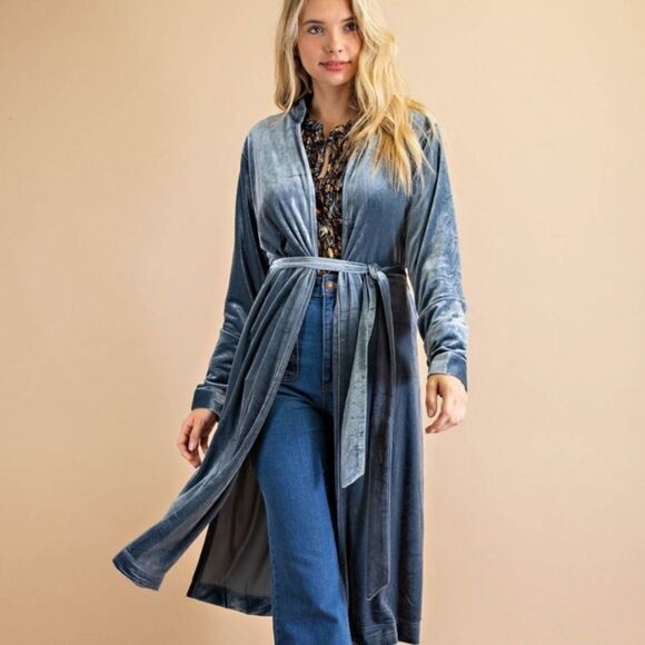 Dark Teal Velvet Boho Lace Up Tassel Sleeve Belted Open Cardigan Jacket - Picture 4 of 16